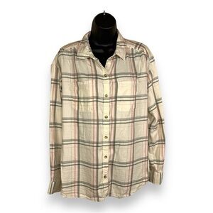 MEDIUM WONDERLY IVORY CREAM BLUE PINK PASTEL PLAID BUTTON FRON LONG SLEEVE TOP